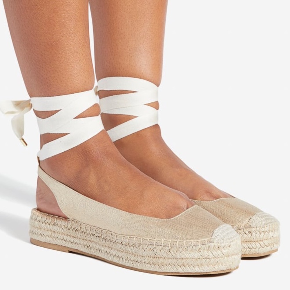 Shoe Dazzle Neutral Beige Espadrille Platform Wrap Flats